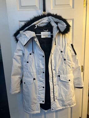 MICHAEL Michael Kors White Puffer Parka with Black Faux Fur Hood